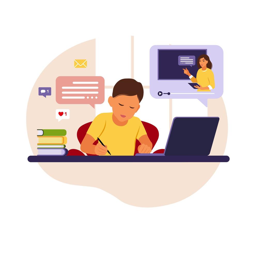 niño sentado detrás de su escritorio estudiando en línea usando su computadora. ilustración con mesa de trabajo, computadora portátil, libros. vector plano.