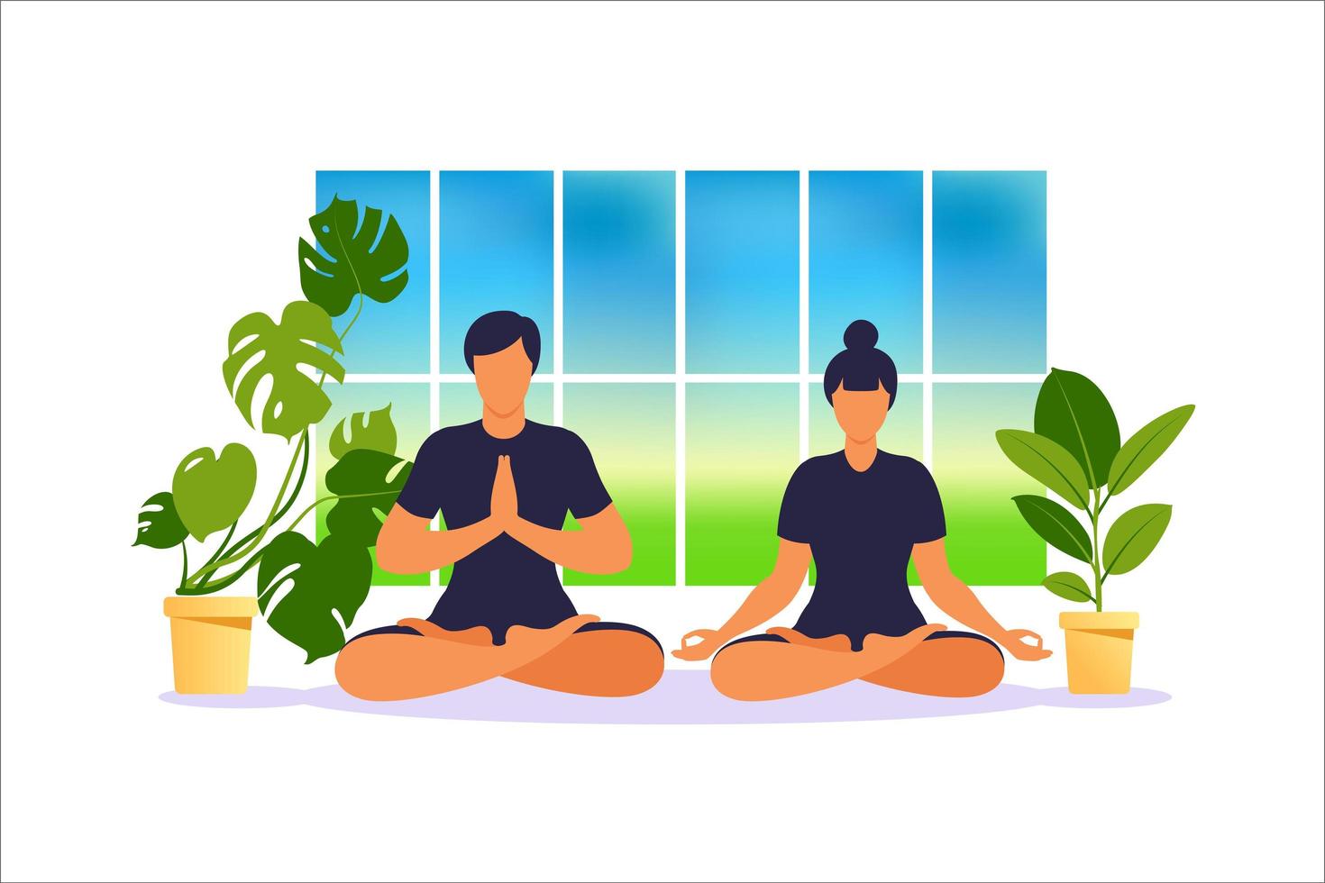 Man and woman are meditating sitting on the floor in lotus position and woman practicing yoga. Wellness and healthy lifestyle at home.Vector illustration. vector