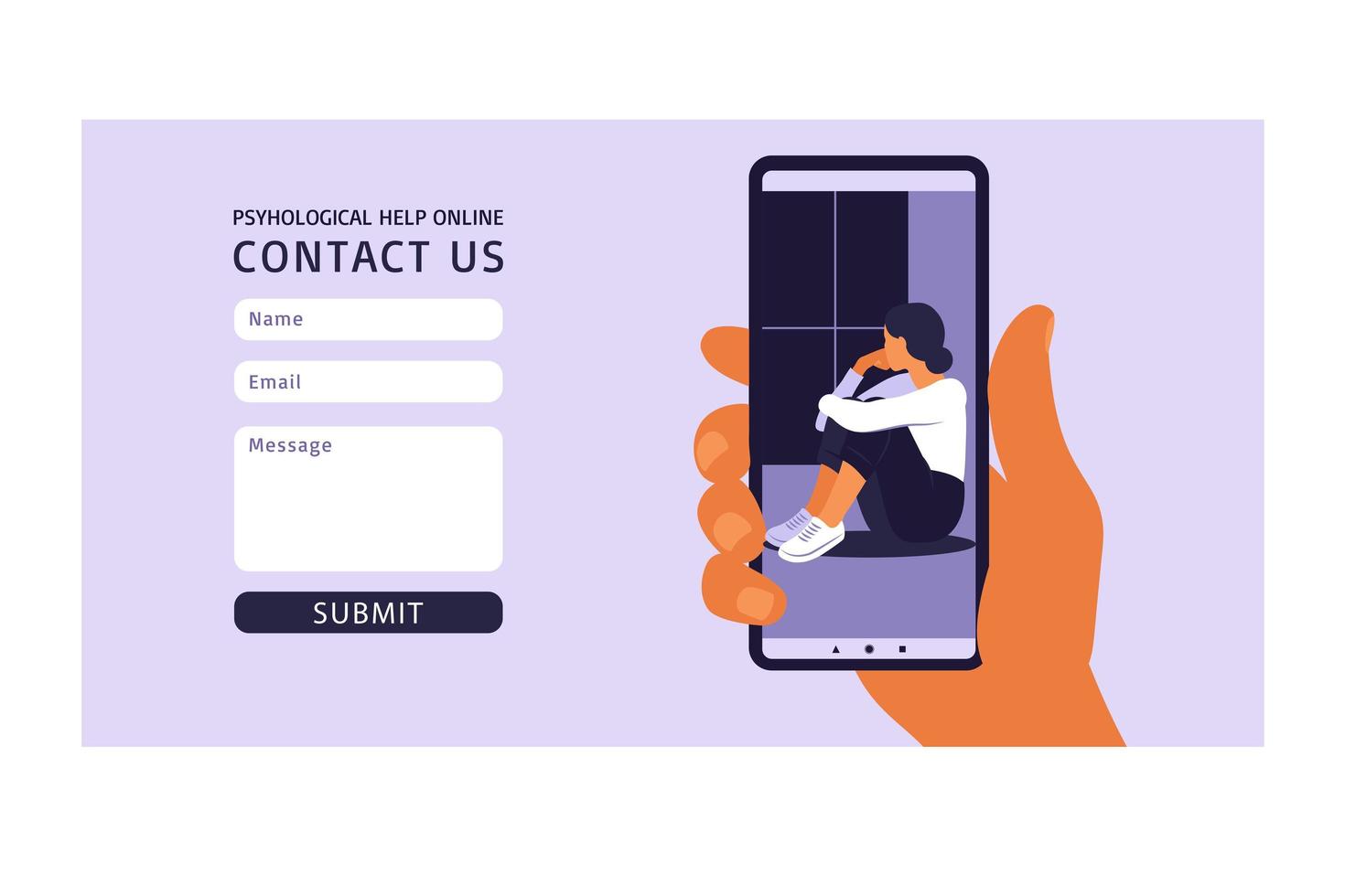 contáctenos plantilla de formulario para web. depresión, salud mental, estrés y concepto de emoción para el diseño de sitios web o páginas web de destino. vector