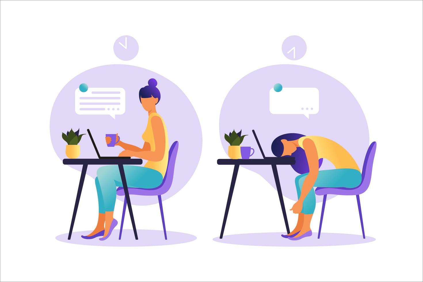 Professional burnout syndrome. Illustration with happy and tired female office worker sitting at the table. Frustrated worker, mental health problems. Vector illustration in flat style.