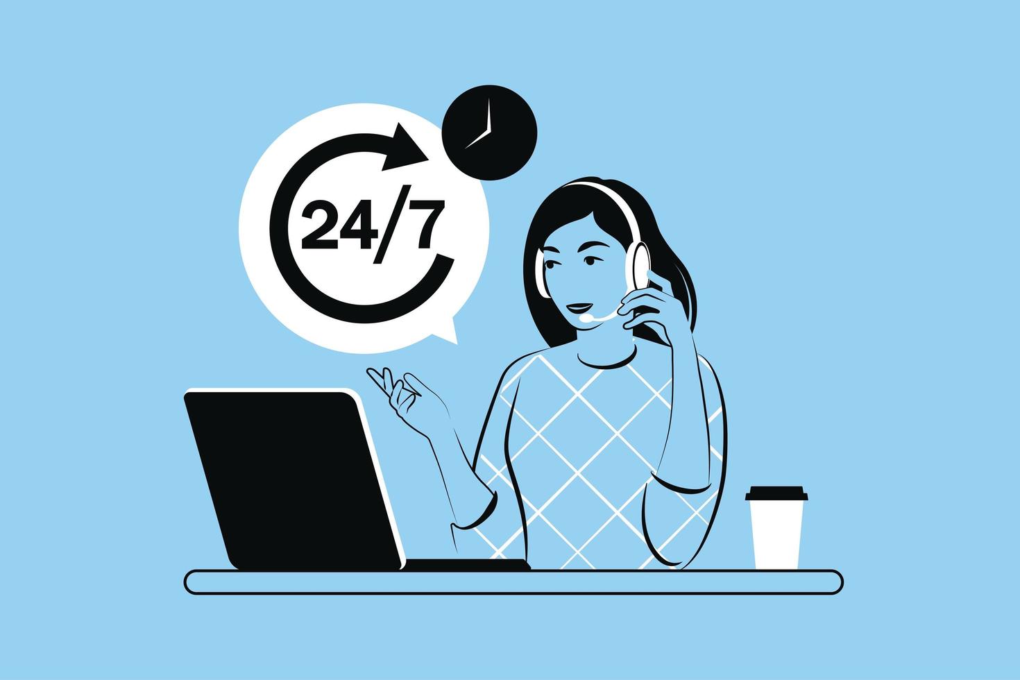 Service 24 7 concept. Call center support. Vector illustration. Flat