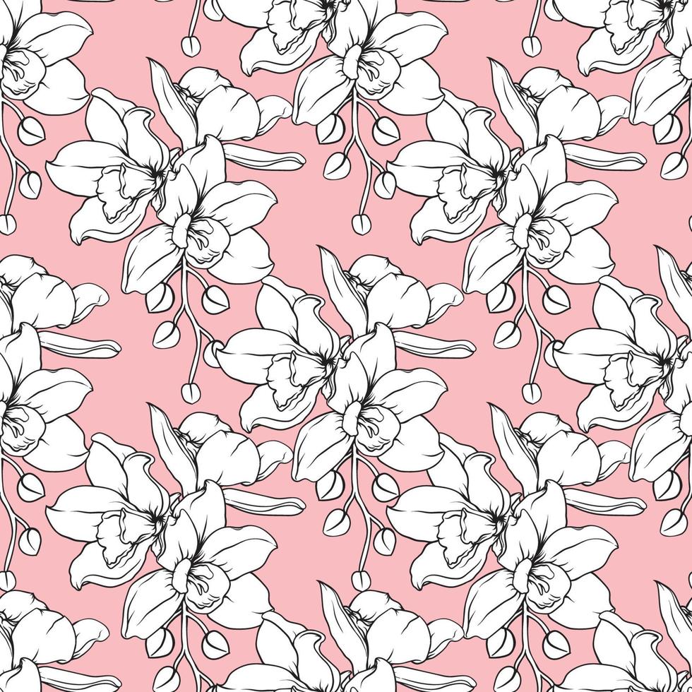 Seamless pattern floral with Orchid flowers abstract pink pastel background.Vector illustration  hand drawning line art.For fabric pattern pint design. vector