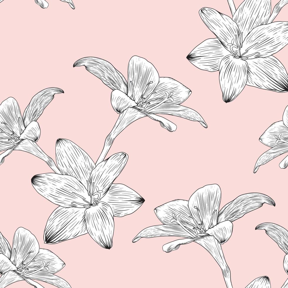 Seamless pattern floral with Lily flowers abstract pink pastel background.Vector illustration hand drawn line art.fabric textile pattern print design vector