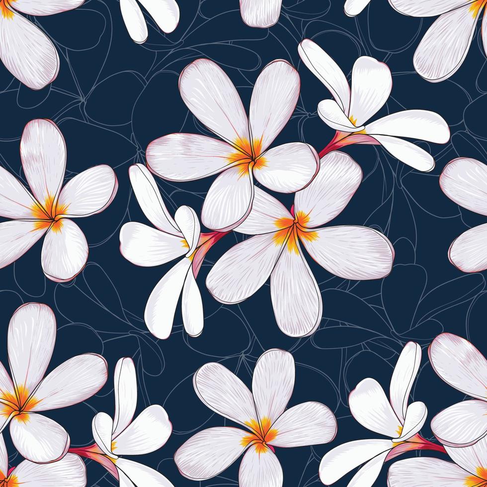 Patrón sin costuras floral con flores frangipani fondo abstracto azul oscuro.Ilustración de vector dibujado a mano arte lineal tela diseño de impresión textil