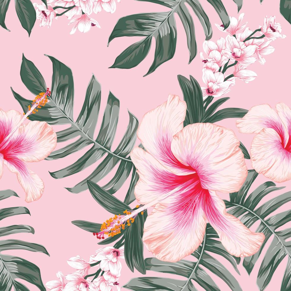 Seamless pattern floral with Hibiscus and Orchid flowers on isolated pink pastel background.Vector illustration hand drawn.For fabric fashion print design or product packaging. vector