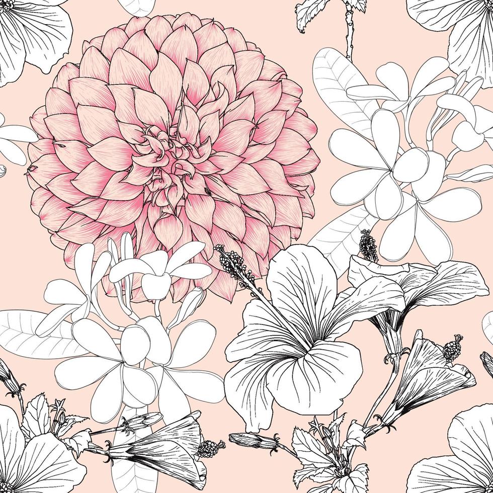 Seamless pattern floral with Hibiscus Dahlia and frangipani flowers pink pastel abstract background.Vector illustration  hand drawning line art.For fabric pint design. vector