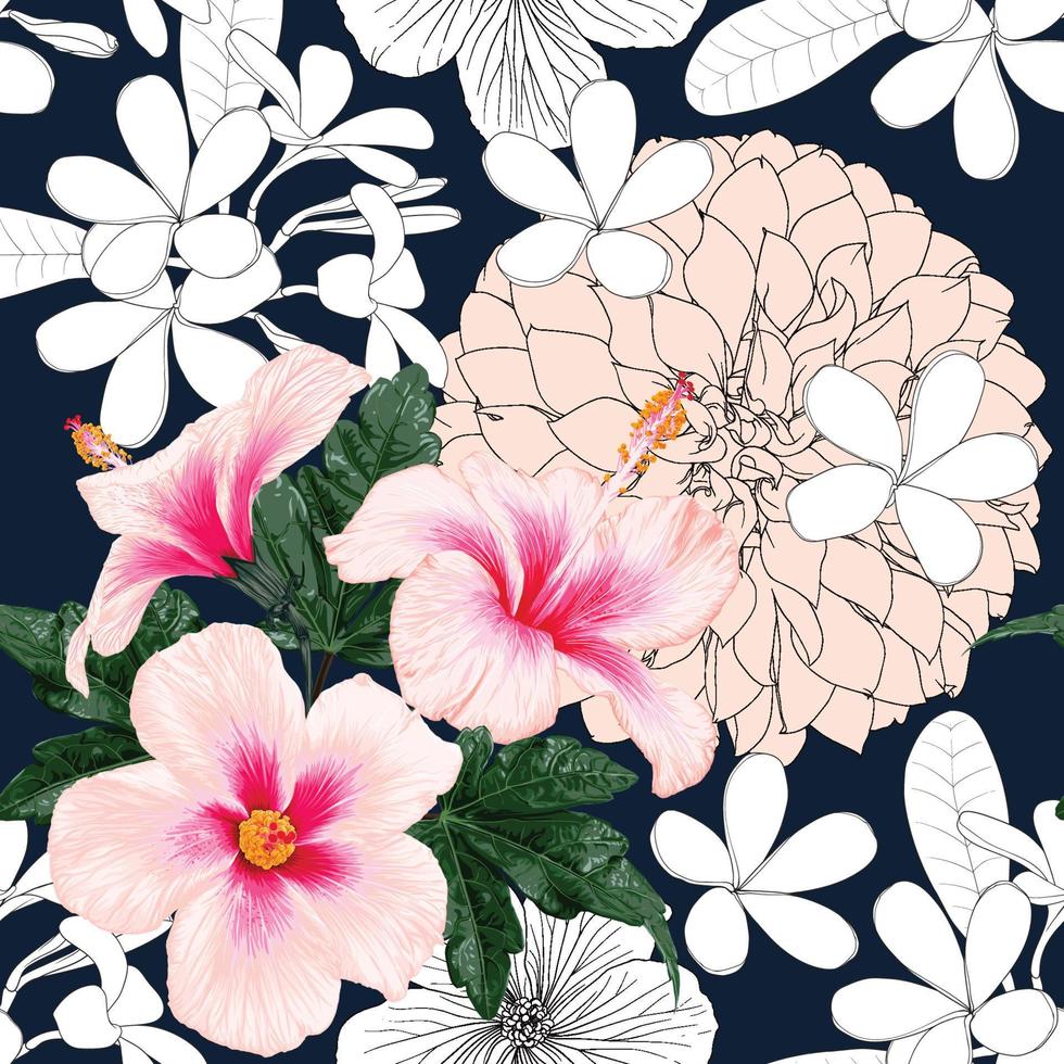Seamless pattern floral with Hibiscus Dahlia and frangipani flowers abstract background.Vector illustration hand drawning line art.For fabric pattern pint design. vector