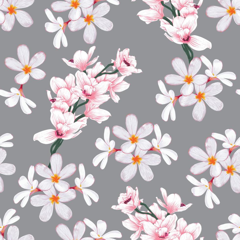 Seamless pattern floral with pink Orchid and frangipani flowers abstract background.Vector illustration drawing.For used wallpaper design,textile fabric or Product packaging. vector