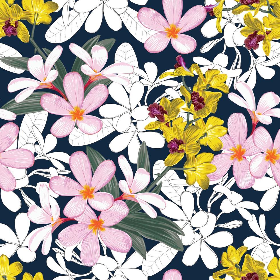 Patrón sin costuras floral con frangipani rosa pastel y flores de orquídea fondo abstracto.Ilustración de vector dibujado a mano arte lineal. para tela diseño de impresión textil