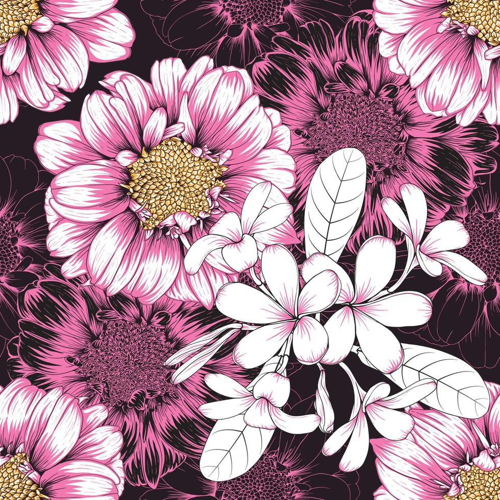 patrón sin costuras floral con frangipaniand zinnia flores rosa color negro abstracto background.vector ilustración línea art. para tela patrón de impresión dsign. vector