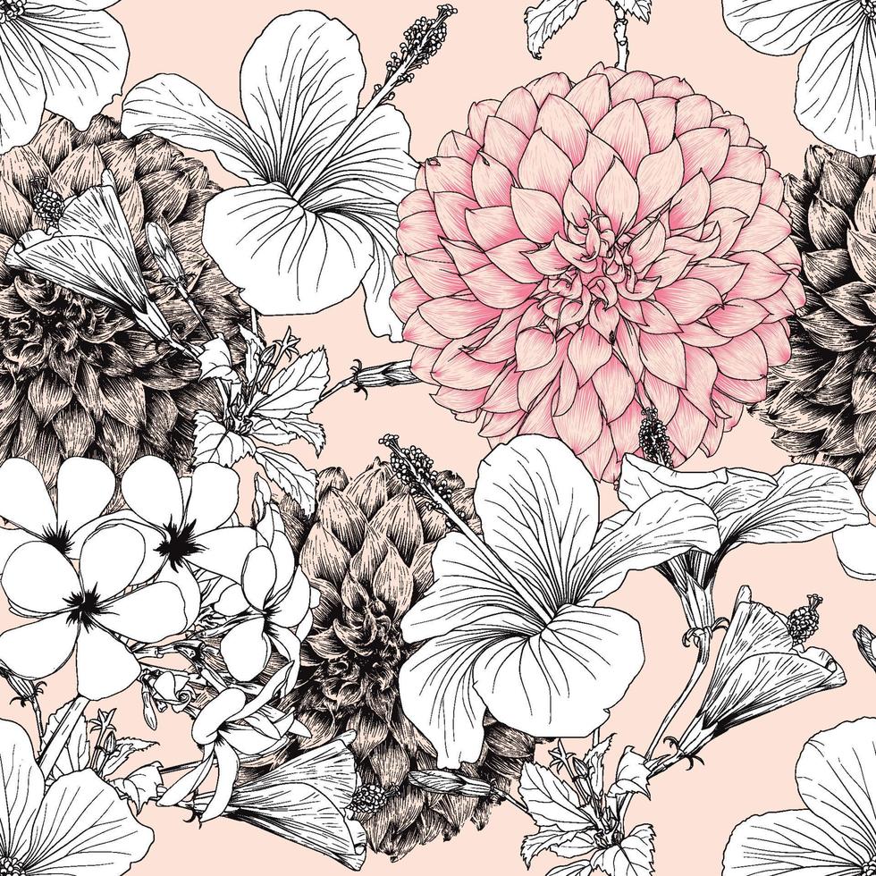 Seamless pattern floral with Hibiscus Dahlia and frangipani flowers pink pastel abstract background.Vector illustration  hand drawning line art.For fabric pint design. vector