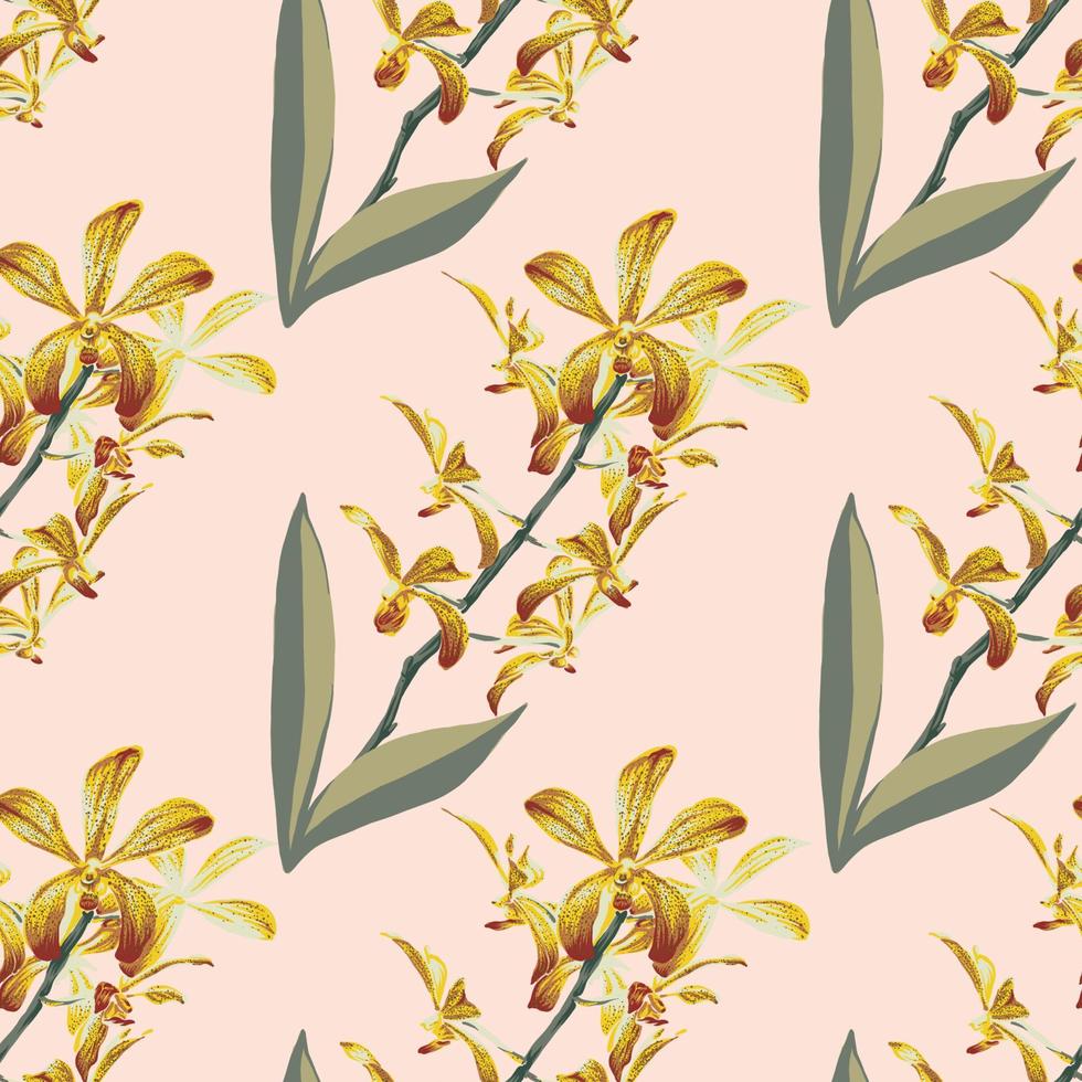 Seamless pattern floral with yellow Orchid flowers abstract backgground.Vector illustration drawing.For used wallpaper design,textile fabric or Product packaging. vector