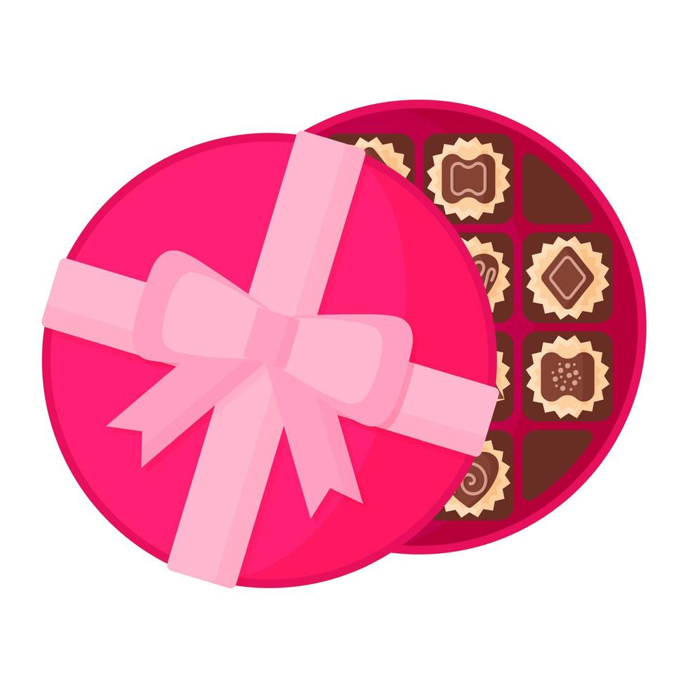 Open round pink box of chocolate dessert or candy with icing vector