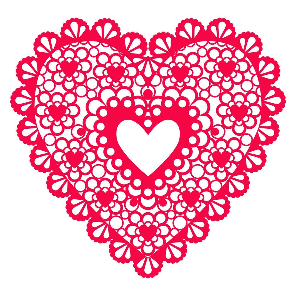 Red lace ornament heart. Vector flat isolated illustration.