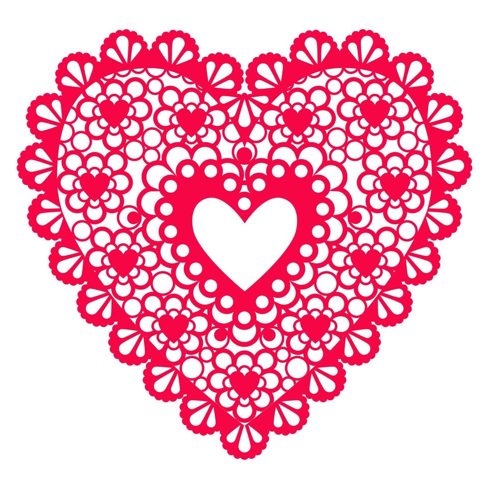 Red lace ornament heart. Vector flat isolated illustration.