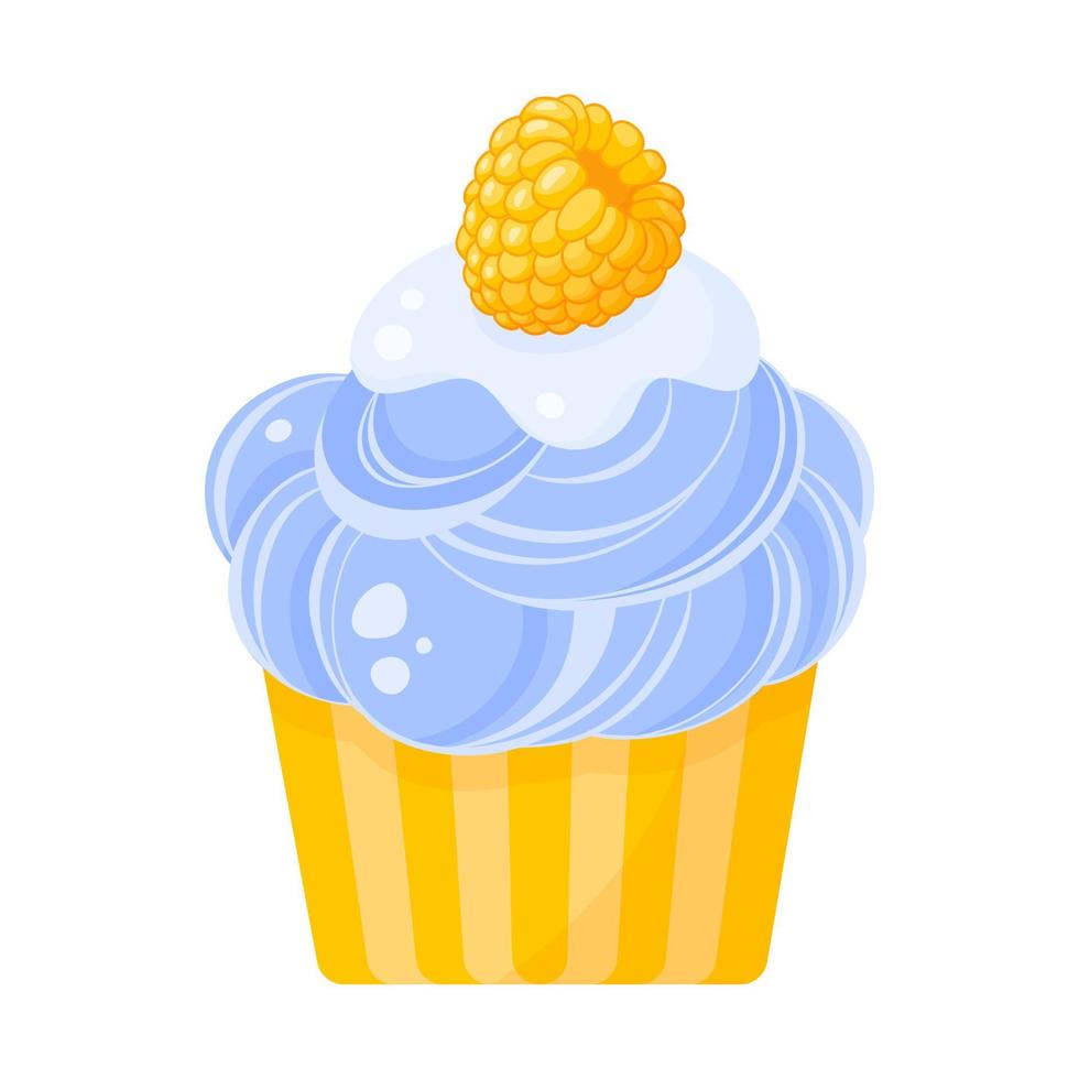 Cupcake or muffin with blue cream and raspberry. vector