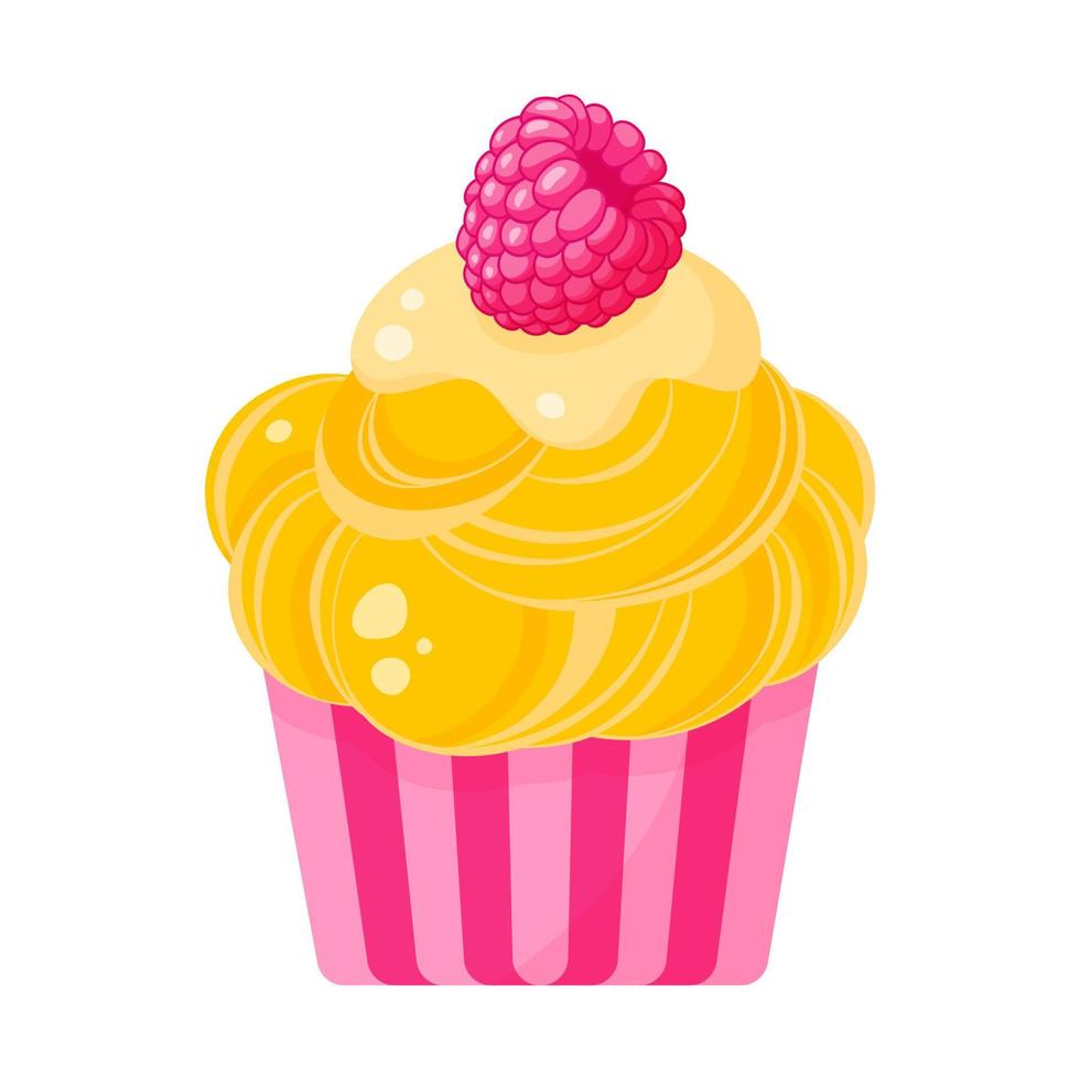 Cupcake or muffin with yellow cream and raspberry. vector