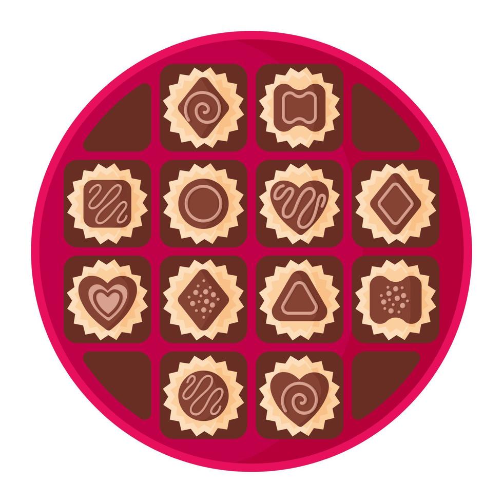 Open round pink box of chocolates vector