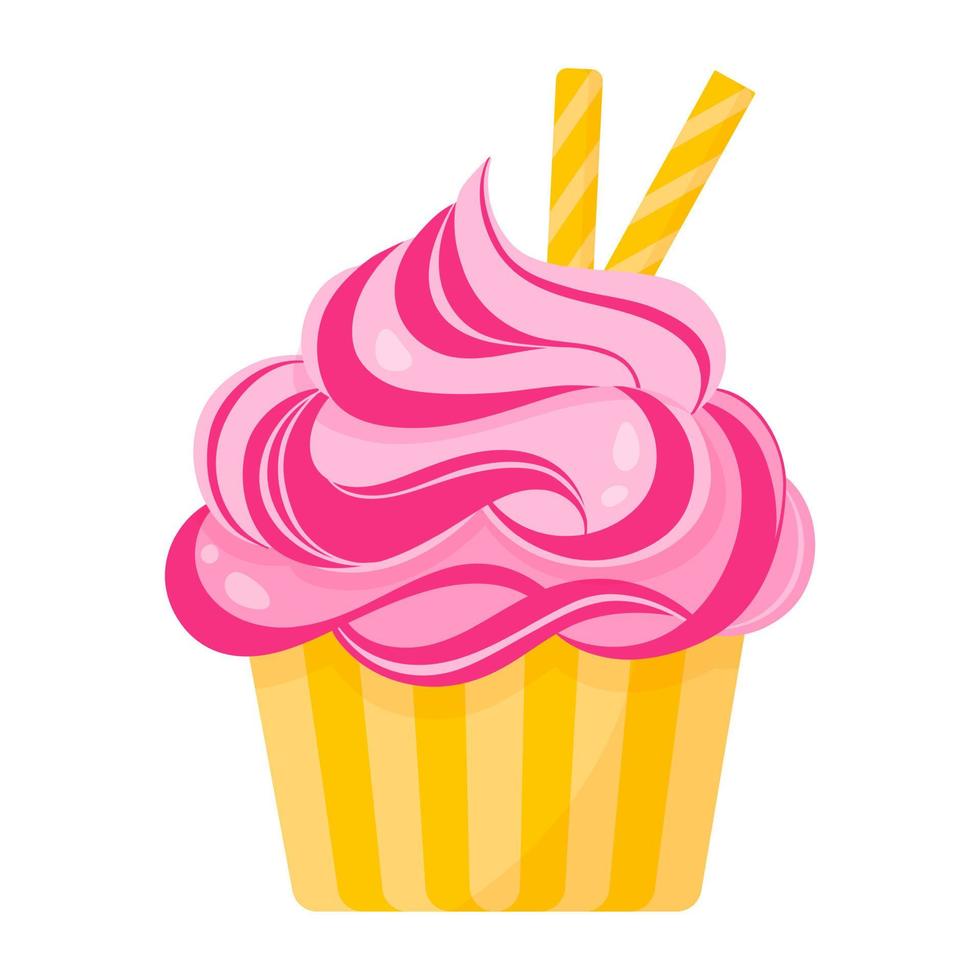 Cupcake or muffin with pink cream and sweet tubules. vector