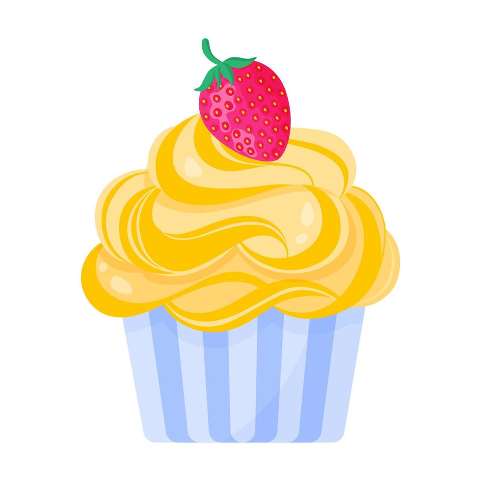 cupcake o muffin con crema amarilla y fresa. vector