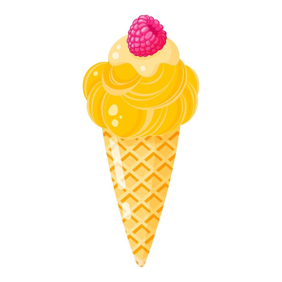 Yellow Ice cream cone or sundae with raspberry. vector