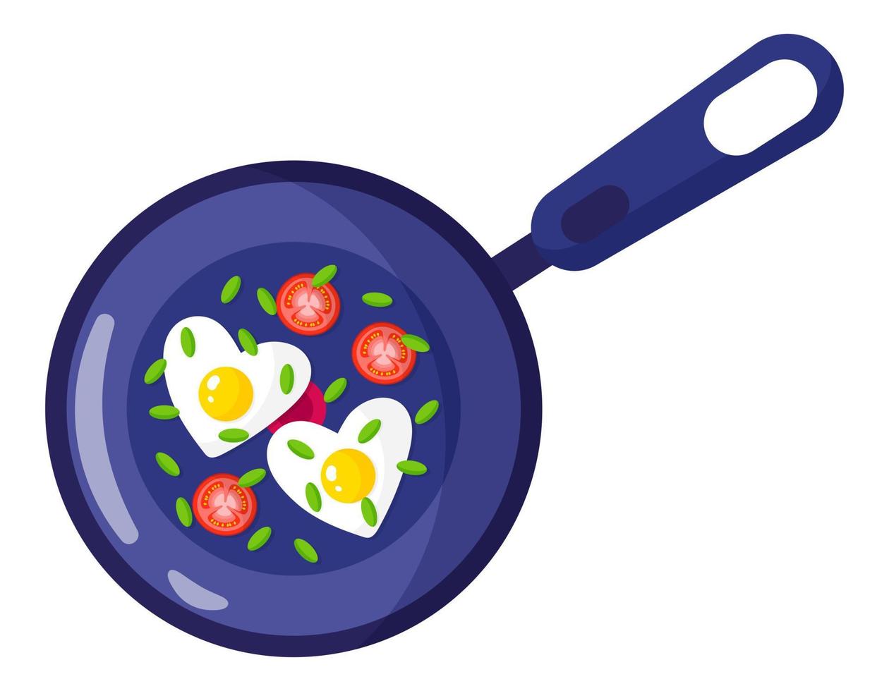 Breakfast in a frying pan. Heart omelet with herbs and tomatoes. vector