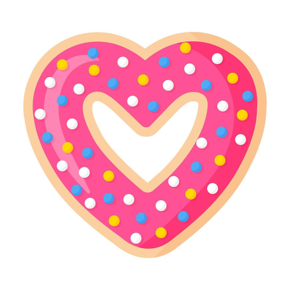 Valentine's Day heart shaped pink donut with icing and pastry topping. vector