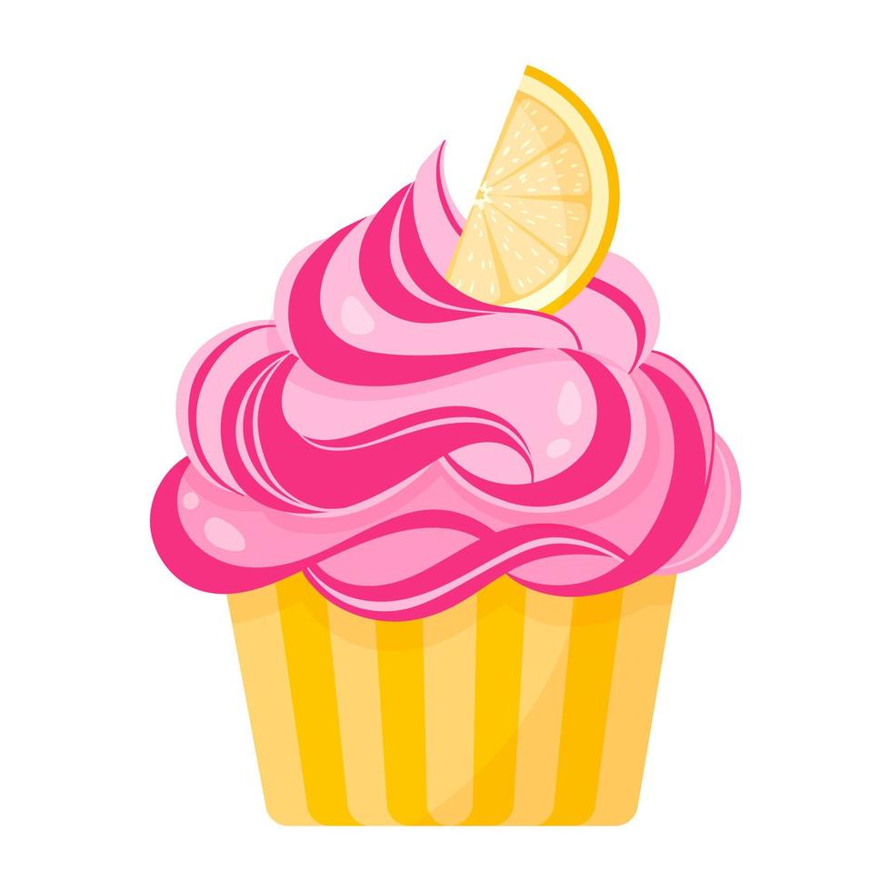 Cupcake or muffin with pink cream and lemon. vector