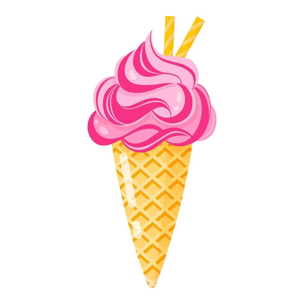 Pink Ice cream cone or sundae with sweet tubules. vector