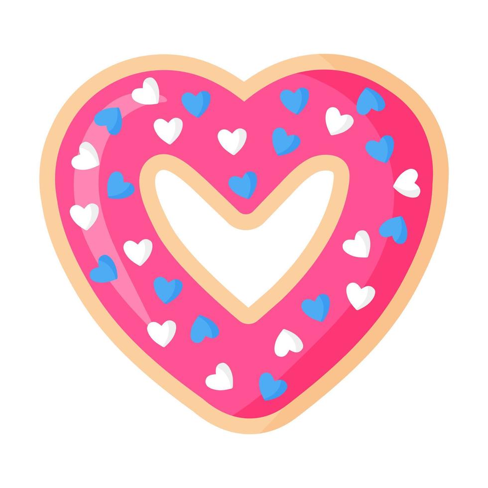 Valentine's Day heart shaped pink donut with icing and hearts. vector