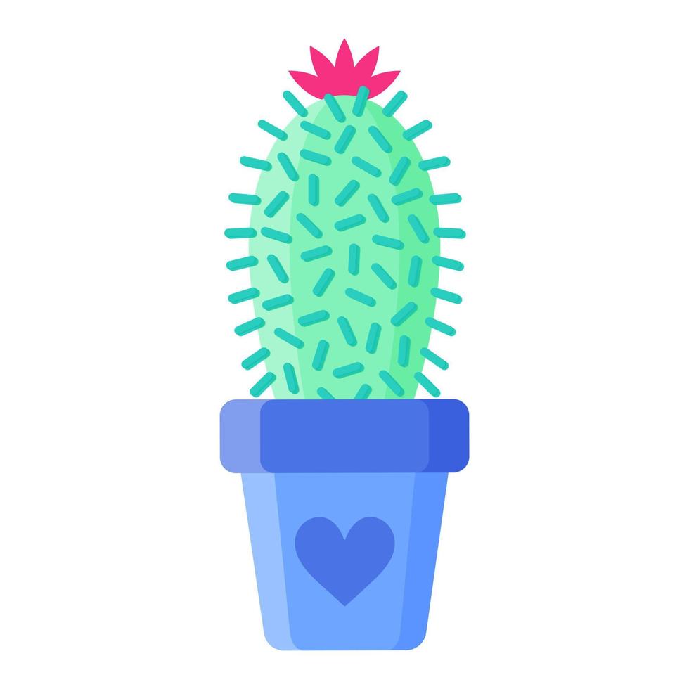 Blue flower pot with prickly cactus or succulent with flower. vector