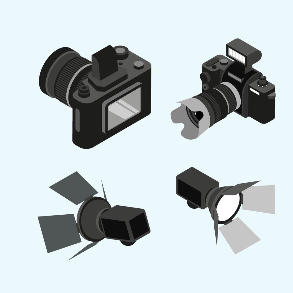 Professional photographer camera equipment isometric vector