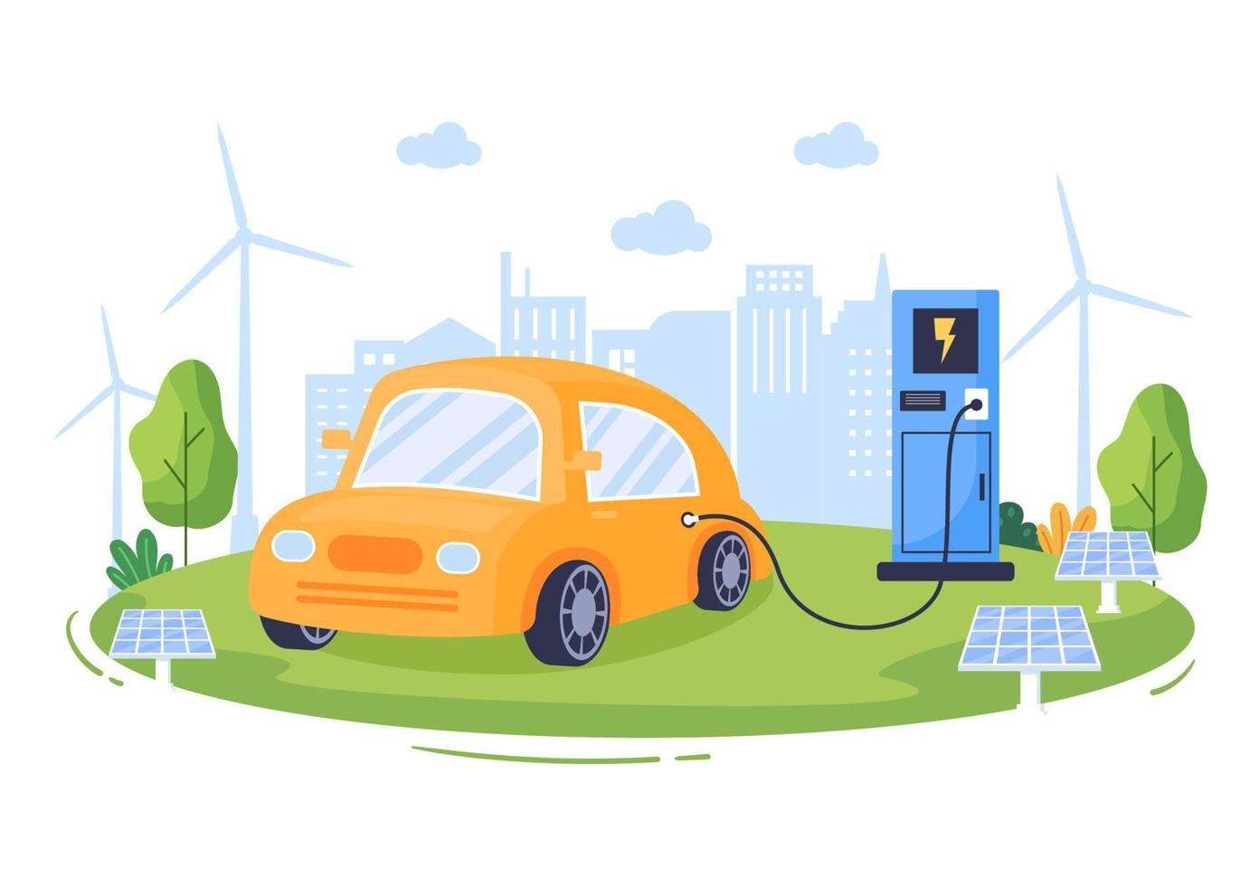 Charging Electric Car Batteries with the Concept of Charger and Cable Plugs that use Green Environment, Ecology, Sustainability or Clean Air. Vector illustration