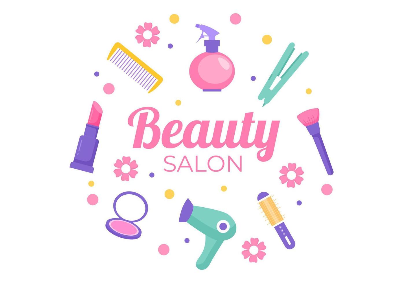 Ilustración de diseño plano interior de salón de belleza hay muebles, mesa, sillas, bañera, espejo o secador de pelo para lavar, manicura, pedicura, corte de cabello y maquillaje vector