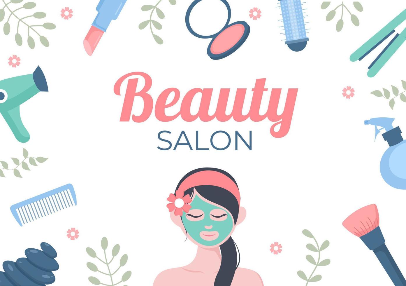 maquillaje para mujer en la ilustración de diseño plano de salón de belleza con cosméticos como esmalte de uñas, rímel, lápiz labial, sombra de ojos, cepillo, polvos y manicura pedicura vector