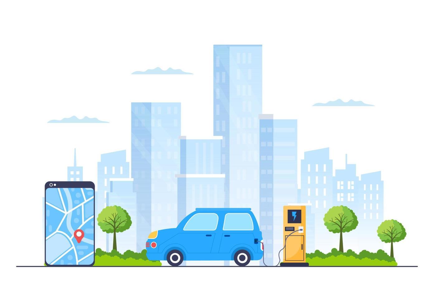 Charging Electric Car Batteries with the Concept of Charger and Cable Plugs that use Green Environment, Ecology, Sustainability or Clean Air. Vector illustration