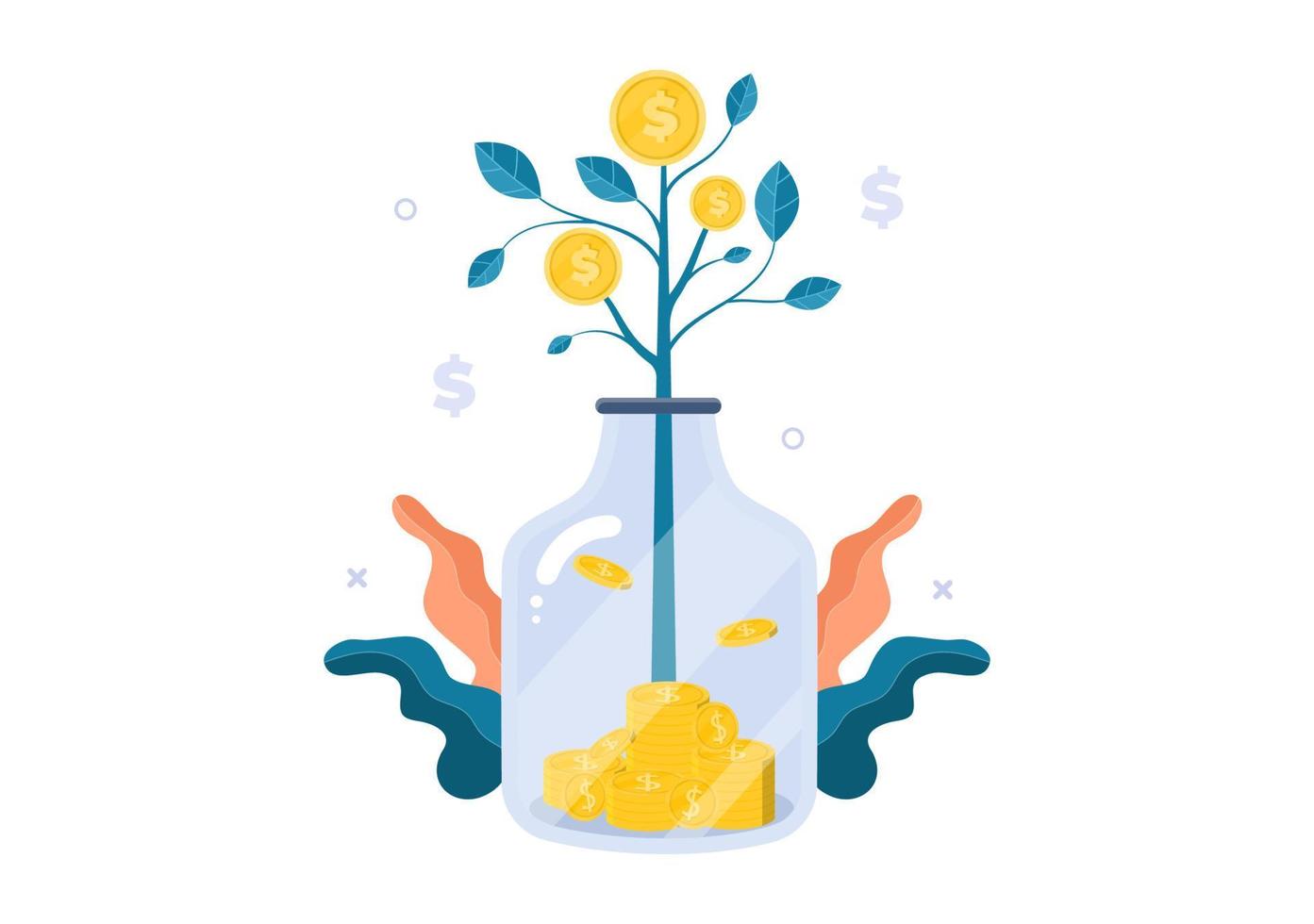 Money Tree of Financial Business Investment Profit Flat Design Vector Illustration with Dollar Banknotes and Golden Coins for Poster or Background