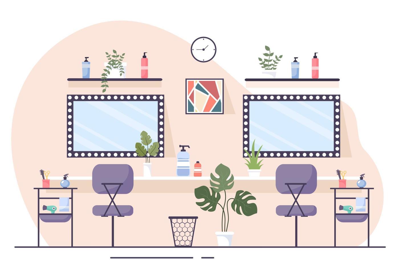 Beauty Salon Interior Flat Design Illustration There is Furniture, Table, Chairs, Bathtub, Mirror or Hairdryer for Washing, Manicure Pedicure, Cutting Hair and Make up vector