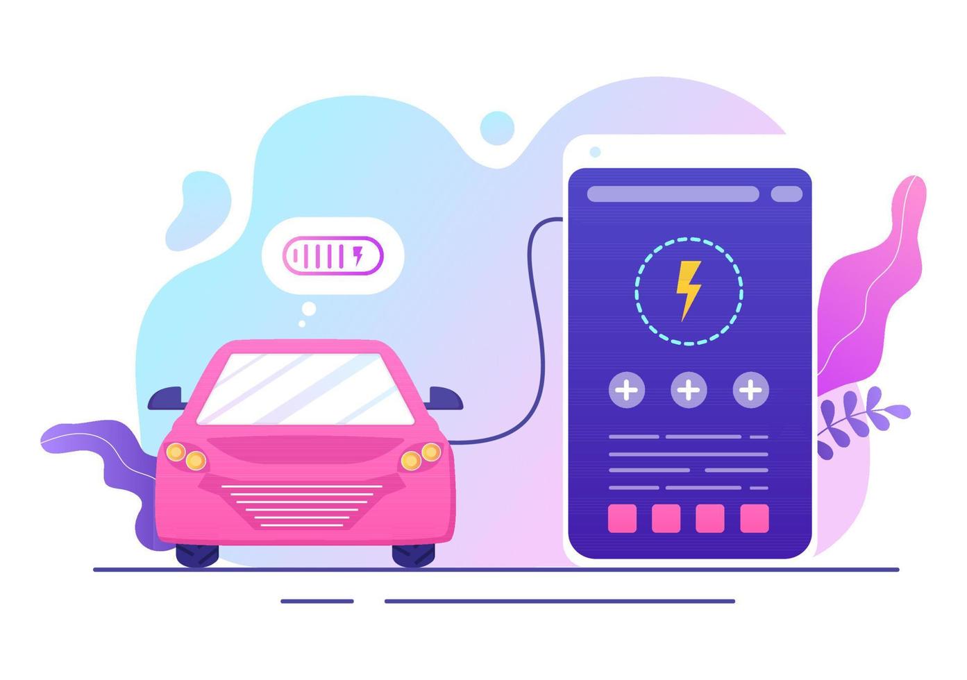 Charging Electric Car Batteries with the Concept of Charger and Cable Plugs that use Green Environment, Ecology, Sustainability or Clean Air. Vector illustration