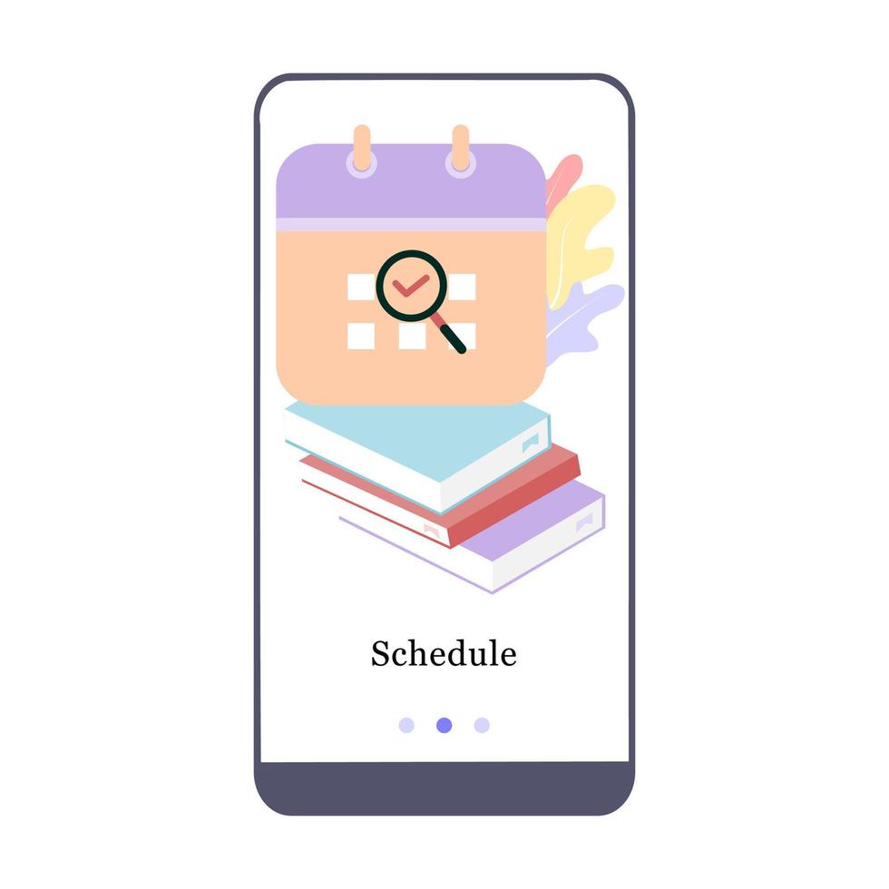 Education schedule, academic calendar, exercise deadline mobile app onboarding screen. Menu vector banner template for interface UX, UI GUI screen mobile development. Website design flat illustration.