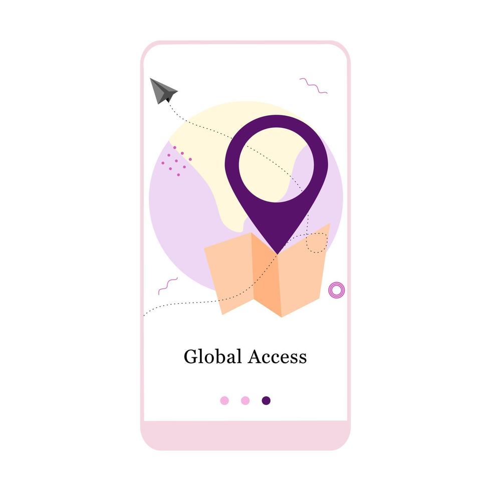 acceso a educación global, conexión global, viajes, seguimiento de pedidos en línea, pantalla de incorporación de aplicaciones móviles. plantilla de banner de vector de menú para interfaz ux, ilustración de desarrollo móvil de pantalla ui gui.