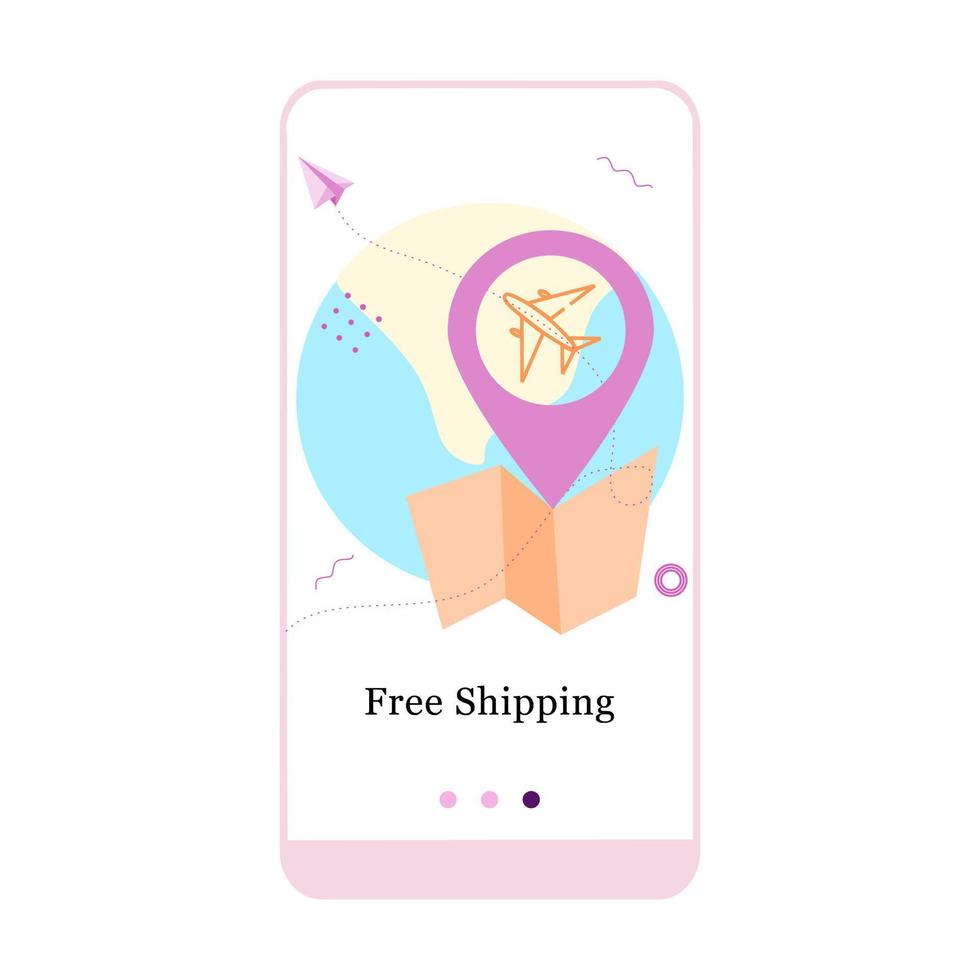 Vector illustration of Free Delivery Service, Free Shipping and Fast Delivery on the onboarding app screen and web concept. Interface UX, UI GUI screen template for app smart phone or web site banner.