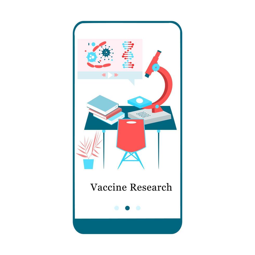 Application design for Vaccine Laboratory, Vaccine Research and Vaccination, Medical Research. UI onboarding screen design. Isometric onboard mobile app template page. Modern flat vector illustration.
