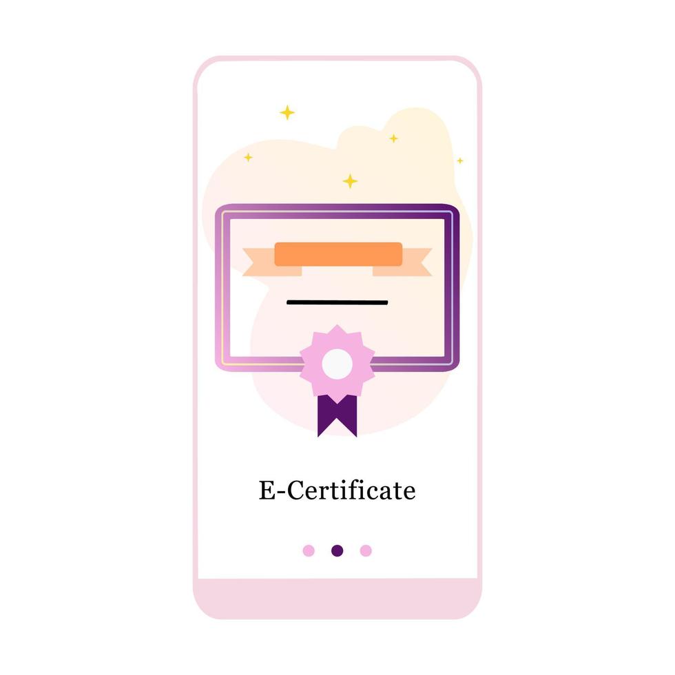 certificado en línea, certificado electrónico, pantalla de incorporación de la aplicación móvil en papel de graduación. plantilla de banner de vector de menú para interfaz ux, desarrollo móvil de pantalla ui gui. Ilustración plana de diseño de sitio web.