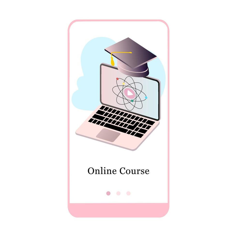 curso online, estudios universitarios, e-learning, formación empresarial, webinar. plantilla de banner de vector de menú para interfaz ux, desarrollo móvil de pantalla ui gui. diseño de sitio web ilustración plana isométrica 3d