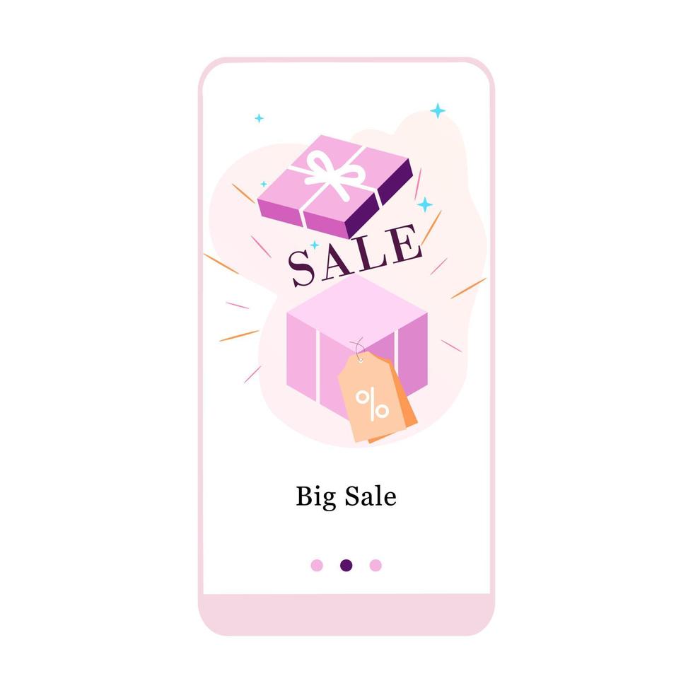 Vector illustration of Big sale, Special Gifts and Best Discount on the onboarding app screen and web concept. Modern interface onboard UX, UI GUI screen template for smart phone or web site banner.