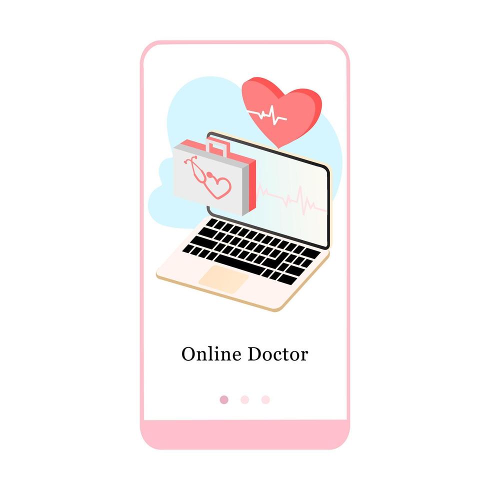 Application design for Online Doctor, Online Consultation, Virtual Doctor, Online Diagnosis. UI onboarding screen design. 3D isometric onboard mobile app template page. Modern flat vector illustration