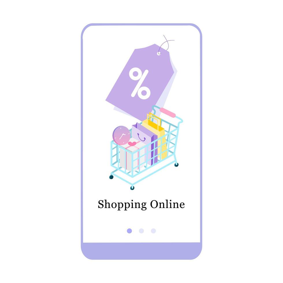 Vector illustration of online store promotion, e-commerce, and add to chart on the onboarding app screen and web concept. Interface Online Shopping UX, UI GUI screen template for smart phone or web.