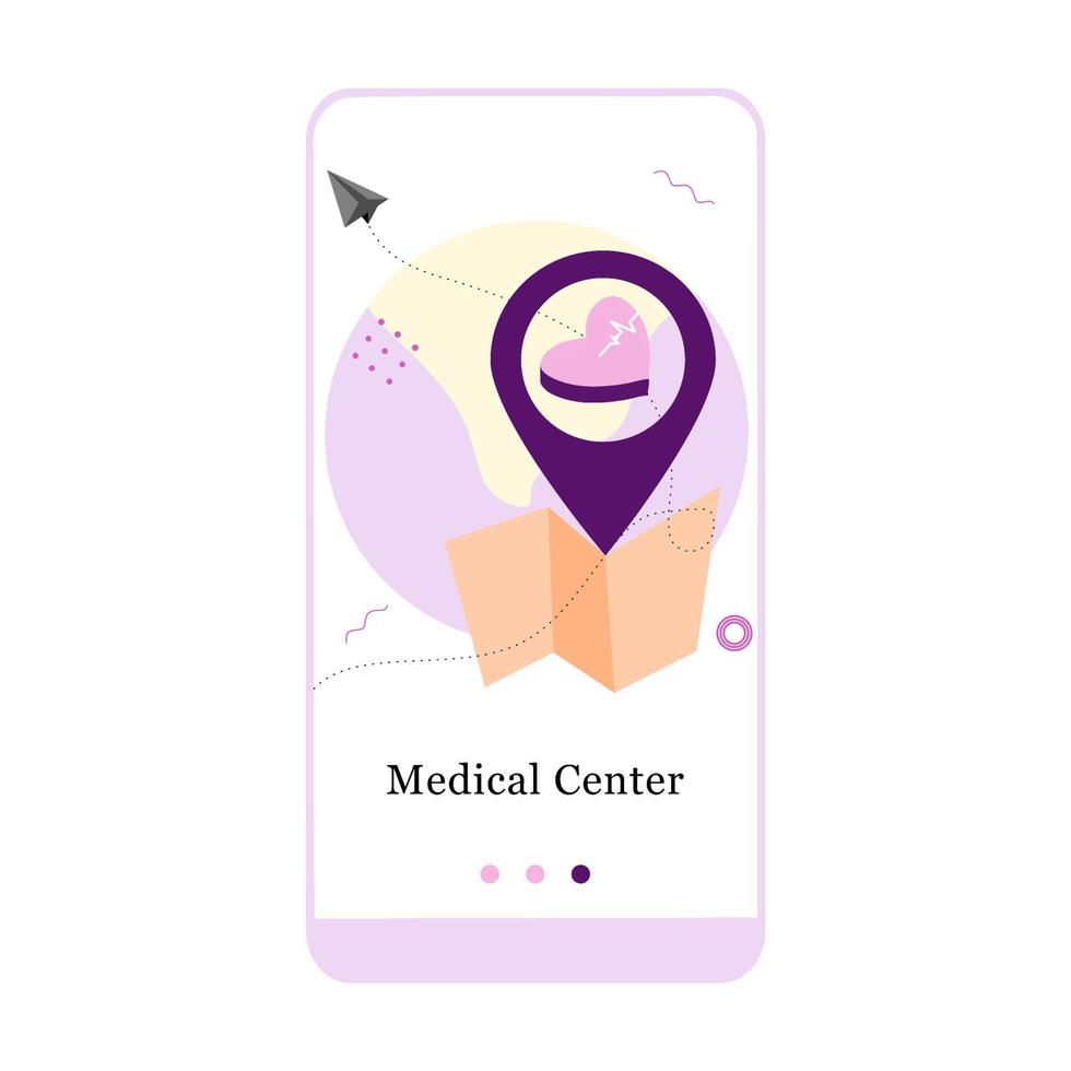 Application design for medical clinic center, hospital, online clinic location on the map. UI onboarding screen design. 3D isometric onboard mobile app template page. Modern flat vector illustration