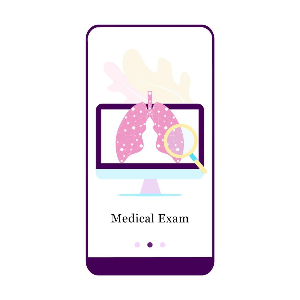 Application design for Lungs Checkup, Lungs Health Care, Pulmonology Fluorographic Examination. UI onboarding screen design. Onboard mobile app template page. Modern flat vector illustration.